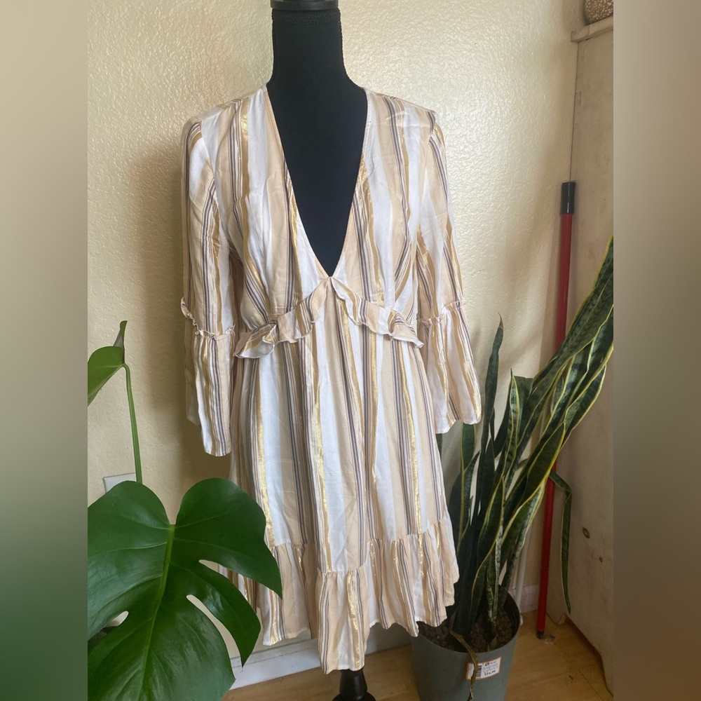 Saltwater LUXE V-Neck Mini Dress with Ruffles in White and Gold